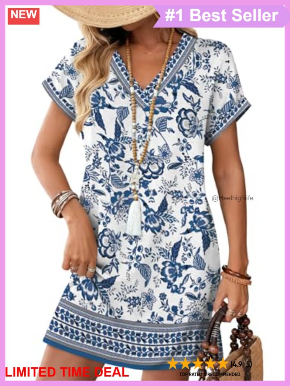 Womens Casual Tshirt Dress V-Neck Short Sleeve Midi Beach Vacation